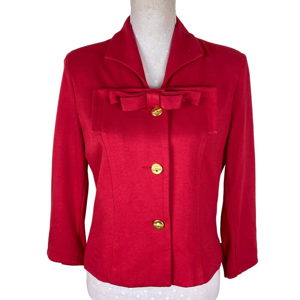 CAbi Beau Jacket Sz 4 Bow Neck‎ Red Knit Blazer Style 3035 Love Carol Collection